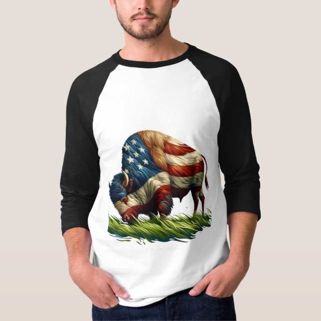 American  Flag Buffalo Bison T-Shirt (Front)