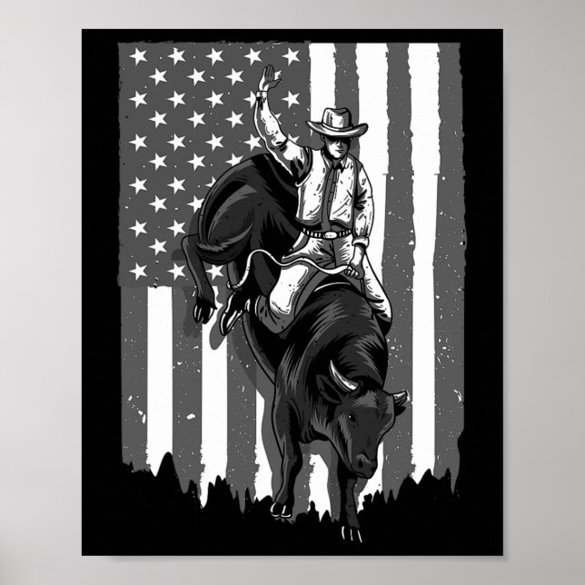 American Flag Bull Riding Cowboy 4th Of July Patri Poster (Front)