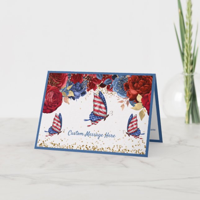 American Flag Butterflies Red Rose Flowers Card (Front)