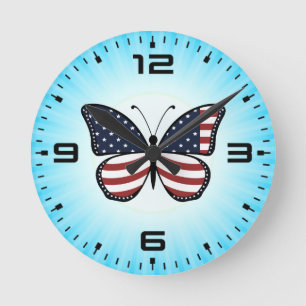 American Flag Butterfly Design Round Clock