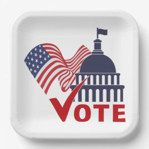 American Flag, Capital Vote Check Mark  Paper Plate
