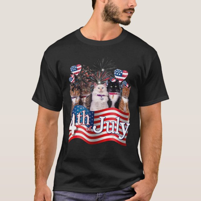 American Flag Cat Fireworks 4th Of July Independen T-Shirt (Front)