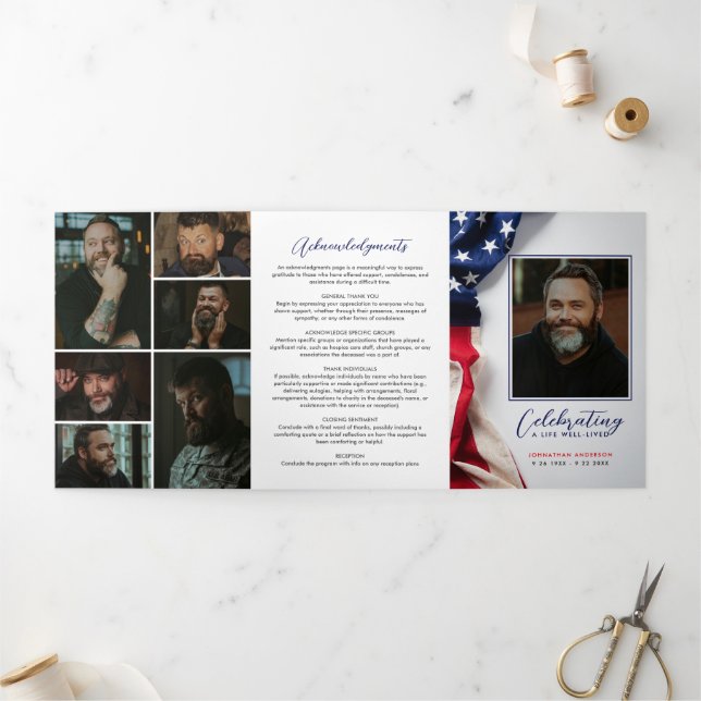 American Flag Celebration of Life Photo Collage Tri-Fold Programme (Outside)