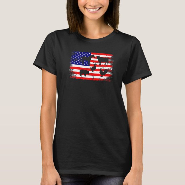 American Flag Chicken Horse Cow Pig Duck Farm Farm T-Shirt (Front)