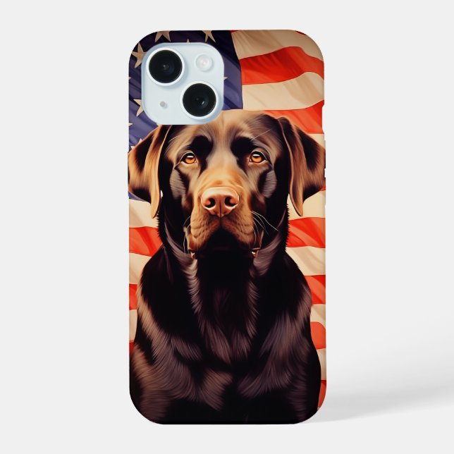 American Flag Chocolate Labrador iPhone 15 Case (Back)
