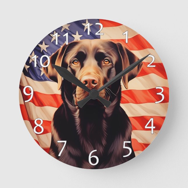 American Flag Chocolate Labrador Round Clock (Front)