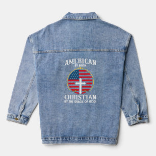 American Flag Christian Cross Typography Art Denim Jacket