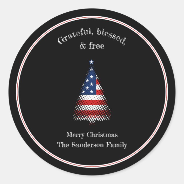American Flag Christmas Tree Blessed Classic Round Sticker (Front)