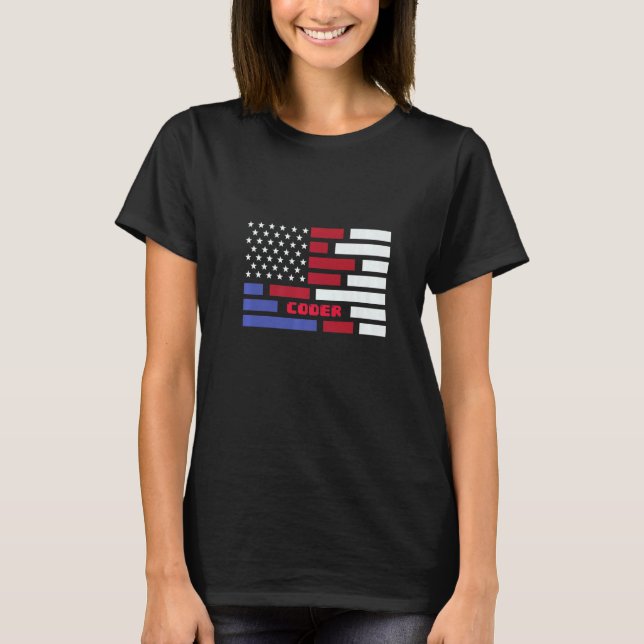 American Flag Coder Coding Computer Nerd T-Shirt (Front)