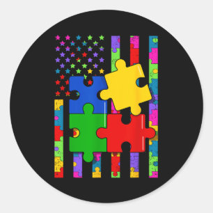 American flag colorful puzzle autism awareness men classic round sticker