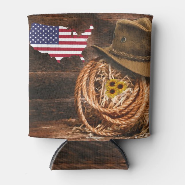 American Flag Cowboy Hat lasso Can Cooler (Front)