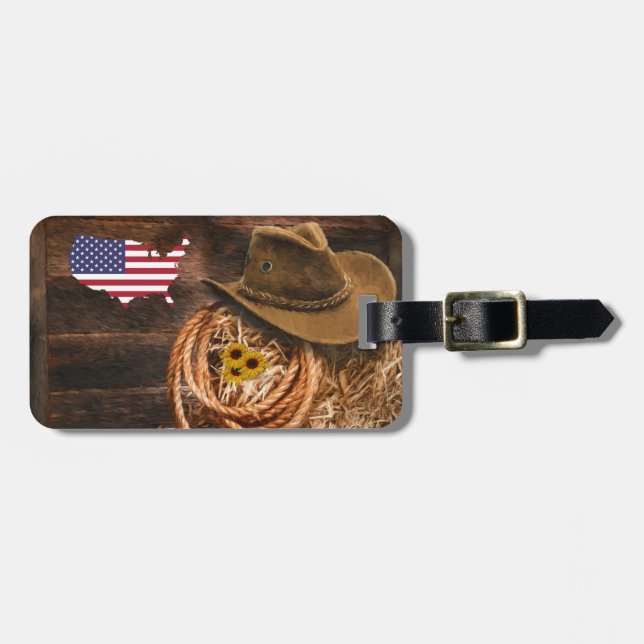 American Flag Cowboy Hat lasso Luggage Tag (Front Horizontal)
