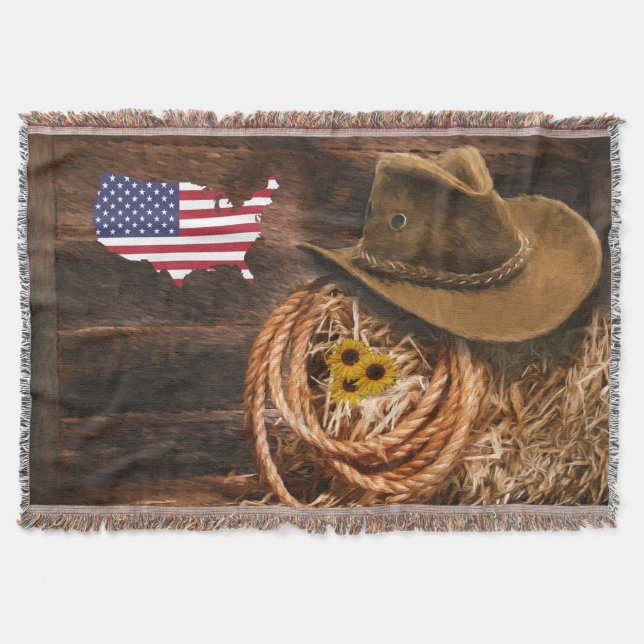 American Flag Cowboy Hat lasso Throw Blanket (Front)