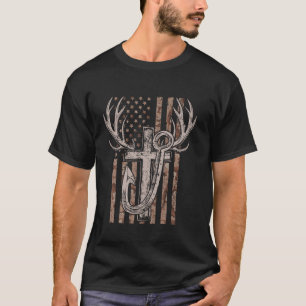 American Flag & Cross Hunting & Fishing Lover Dad  T-Shirt