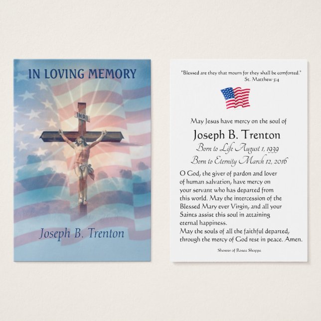 American Flag Crucifix Catholic Memorial Holy Card (Front & Back)