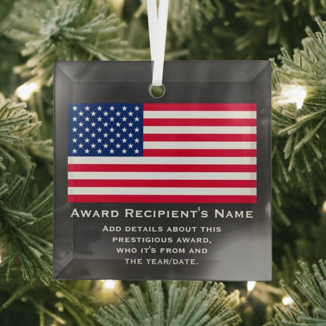 American Flag Custom Personalised Patriotic Award Glass Tree Decoration (Insitu)