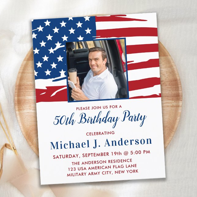 American Flag Custom Photo Military Birthday Party Invitation Postcard (Creator Uploaded)