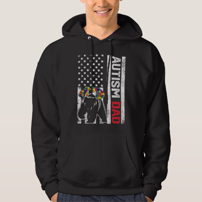 American Flag Dad Bear Autism Awareness Support Fa Hoodie (Front)