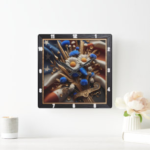 American Flag Daisies Patriotic  Square Wall Clock