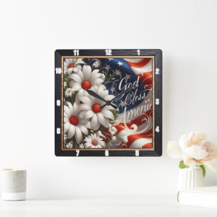 American Flag Daisies Patriotic Square Wall Clock