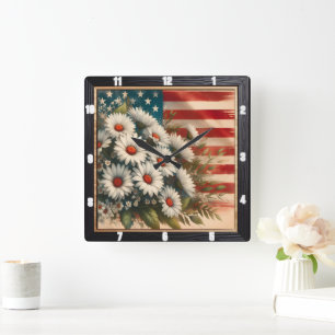 American Flag Daisies Patriotic Square Wall Clock