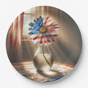 American Flag Daisy In Glass Vase Paper Plate