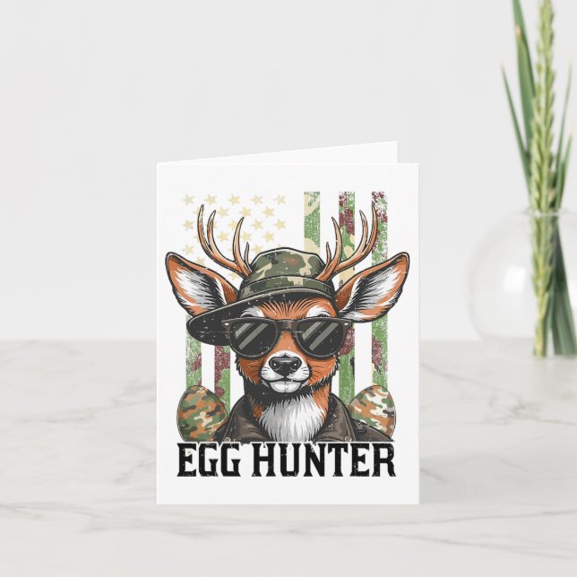 American Flag Deer And Camo Cap Egg Hunter Retro E Card (Front)