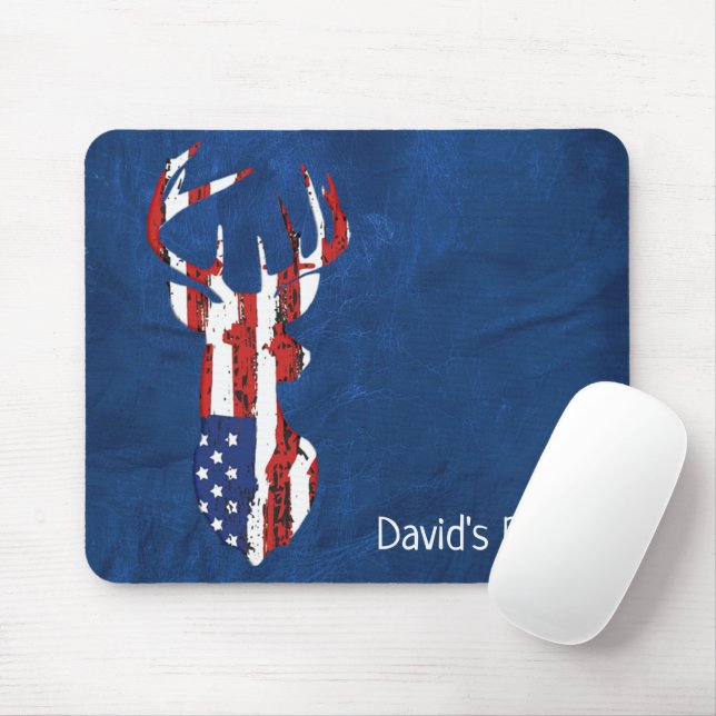 American Flag Deer On Blue Leather Mouse Mat (With Mouse)