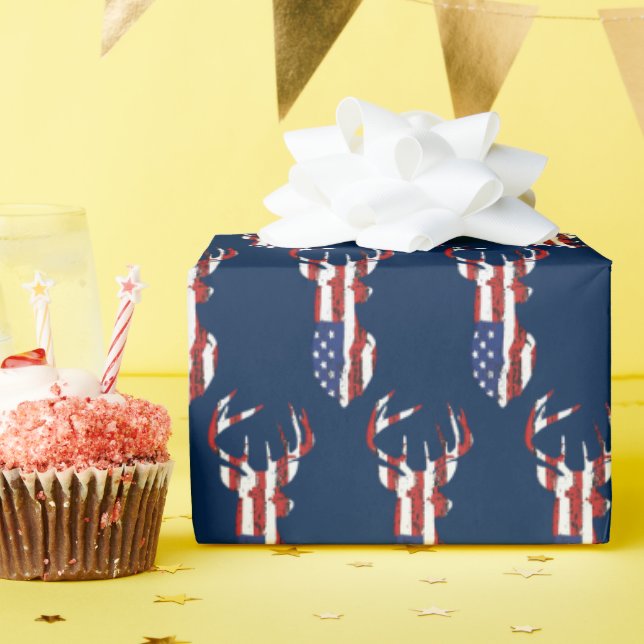 American Flag Deer On Blue Wrapping Paper (Birthday Party)