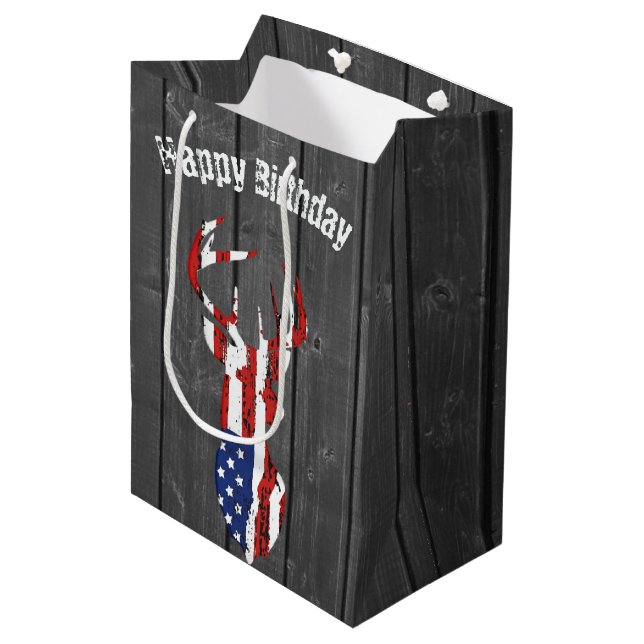 American Flag Deer on Wood  Medium Gift Bag (Front Angled)