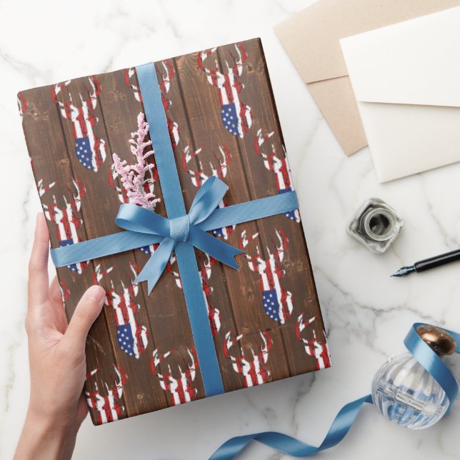 American Flag Deer On Wood  Wrapping Paper (Gifting)