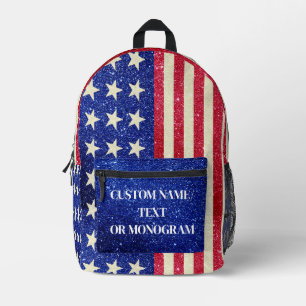 American Flag Design Personalised Name Glitter  Printed Backpack