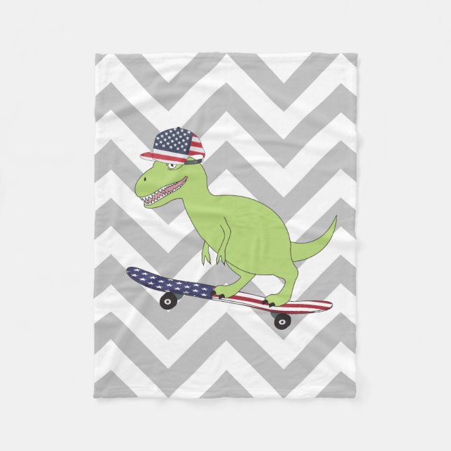 American Flag Dinosaur Skateboarding Fleece Blanket (Front)