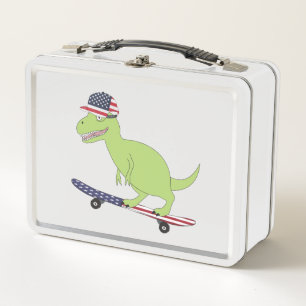 American Flag Dinosaur Skateboarding Metal Lunch Box