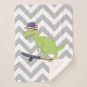 American Flag Dinosaur Skateboarding Sherpa Blanket