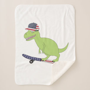 American Flag Dinosaur Skateboarding Sherpa Blanket