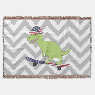 American Flag Dinosaur Skateboarding Throw Blanket
