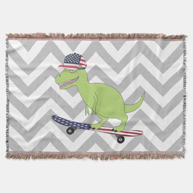 American Flag Dinosaur Skateboarding Throw Blanket (Front)