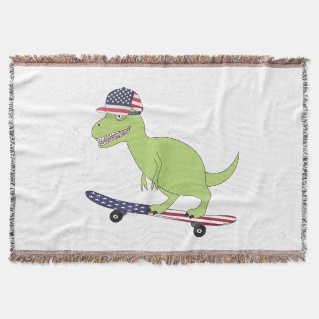 American Flag Dinosaur Skateboarding Throw Blanket (Front)