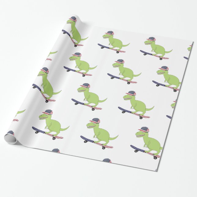 American Flag Dinosaur Skateboarding Wrapping Paper (Unrolled)