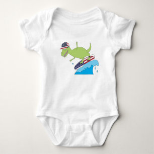 American Flag Dinosaur Surfing Baby Bodysuit