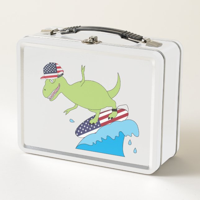 American Flag Dinosaur Surfing Metal Lunch Box (Front)