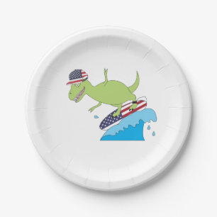 American Flag Dinosaur Surfing Paper Plate
