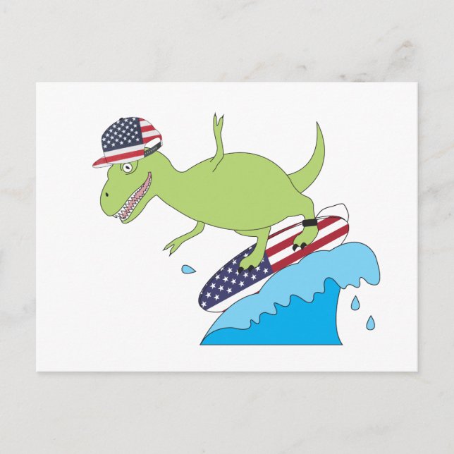 American Flag Dinosaur Surfing Postcard (Front)