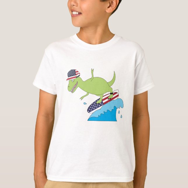 American Flag Dinosaur Surfing T-Shirt (Front)