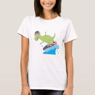 American Flag Dinosaur Surfing T-Shirt