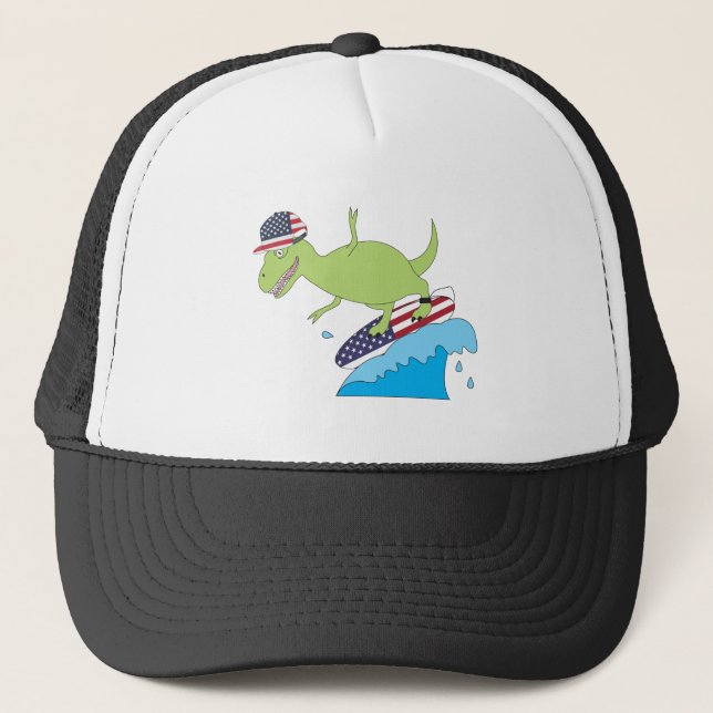 American Flag Dinosaur Surfing Trucker Hat (Front)