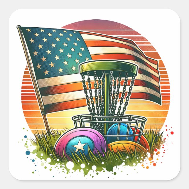American Flag Disc Golf Vintage Sun Square Sticker (Front)