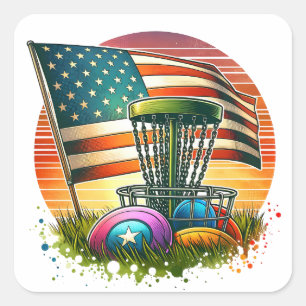 American Flag Disc Golf Vintage Sun Square Sticker