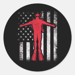 American Flag Diver Patriotic Scuba Diving Classic Round Sticker
